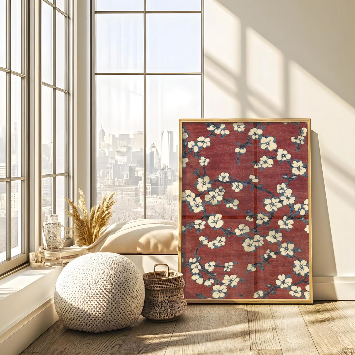 White Blossoms On Deep Crimson Chinoiserie Textile Style Poster - Image 4