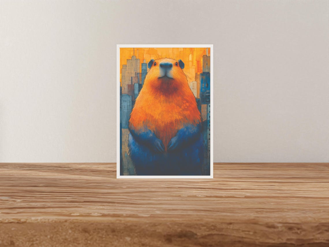 Orange Blue Capybara Portrait Over Golden Cityscape Art Poster - Image 3
