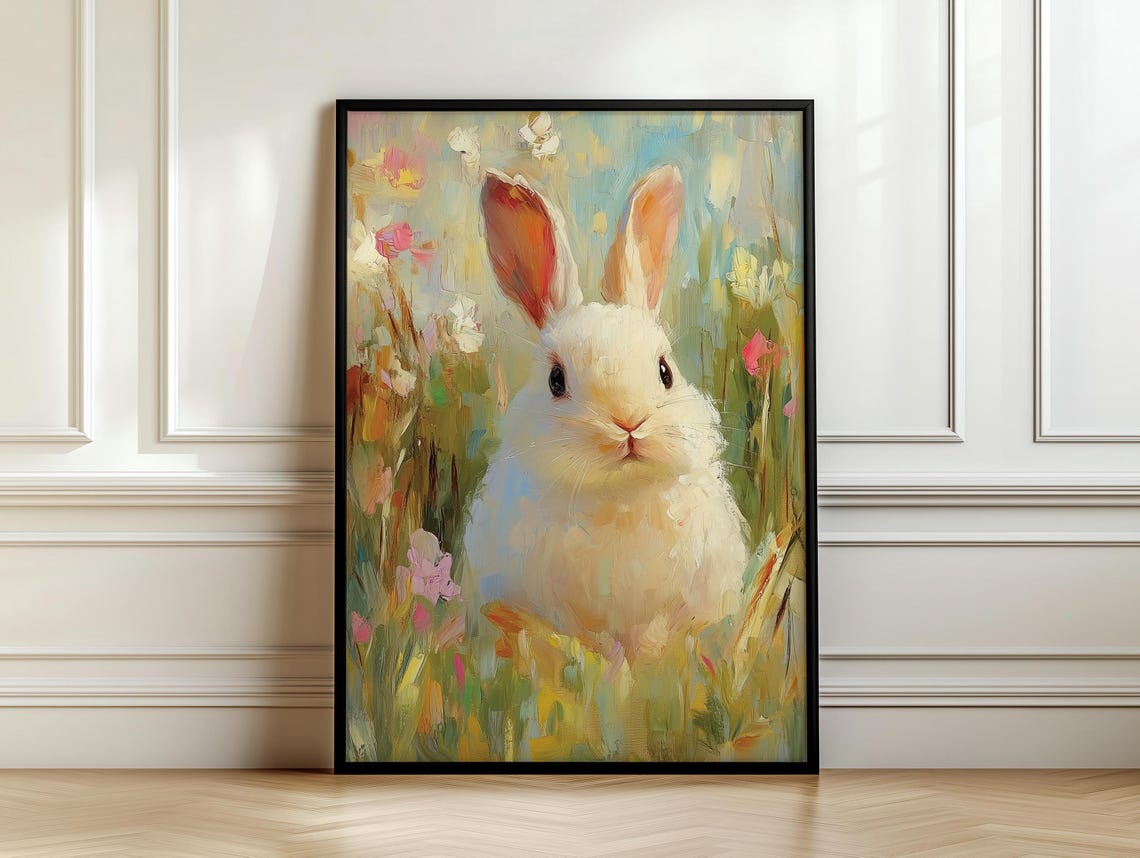 White Bunny in Flower Meadow Soft Impressionist Garden Poster - Image 7