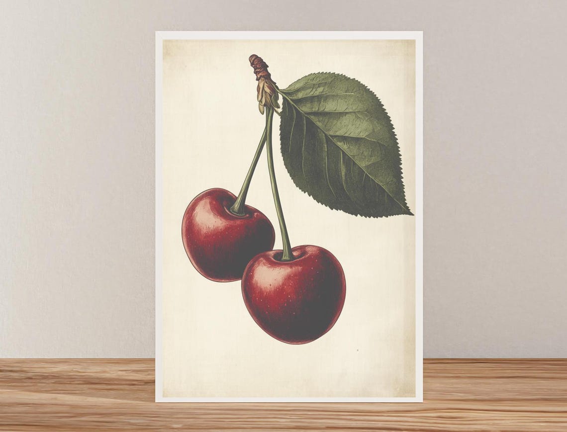 Botanical Two Cherries With Green Leaf Vintage Style Art Poster