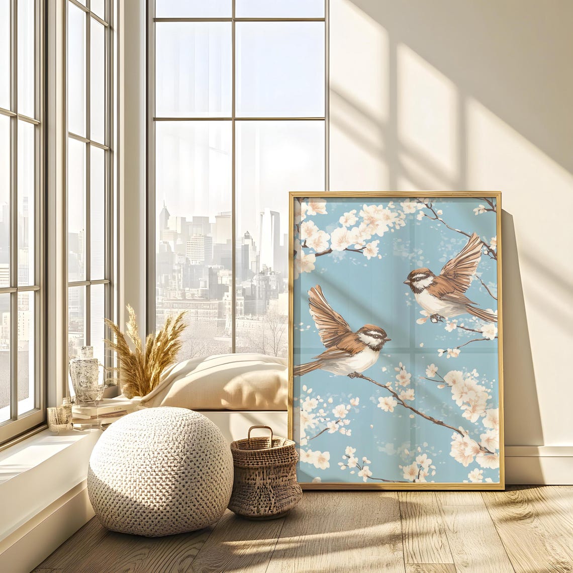 Two Birds Wings Spread White Cherry Blossoms Sky Blue Poster - Image 4
