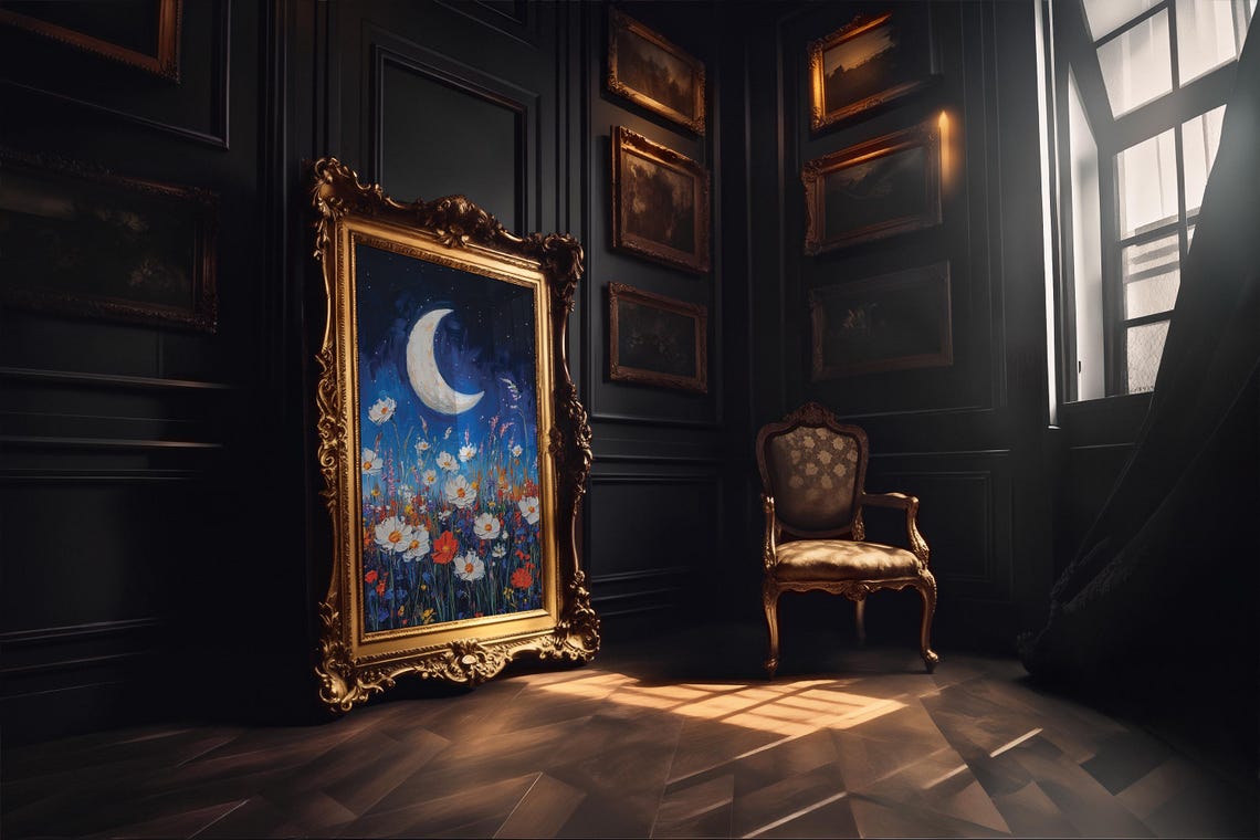 Crescent Moon Oil Painting Gothic Whimsigoth Decor Wall Art Macabre Painting Dark Academia Moody Wall Hanging Art - Image 6