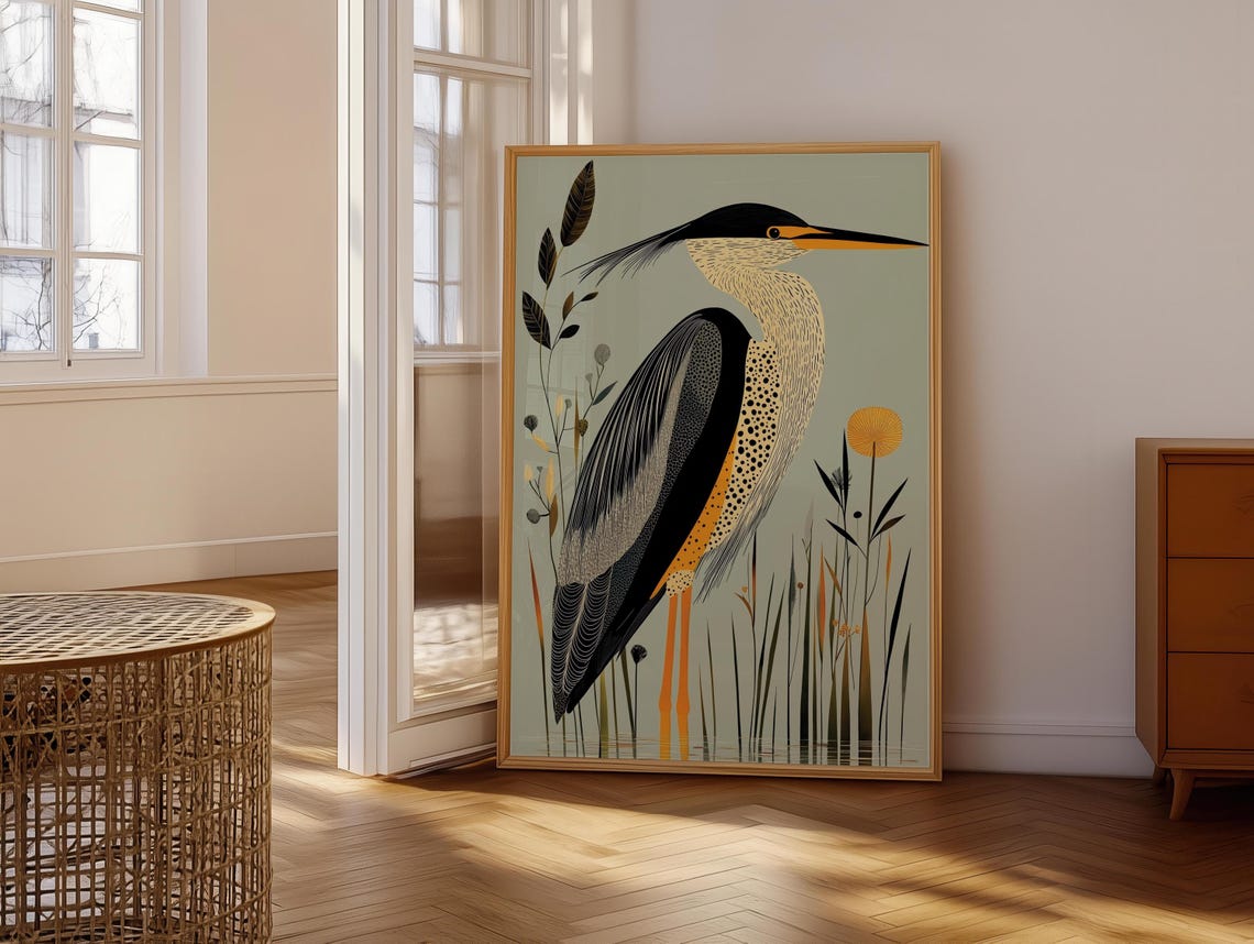 Art Deco Heron Geometric Bird in Sage Green Botanical Poster - Image 6