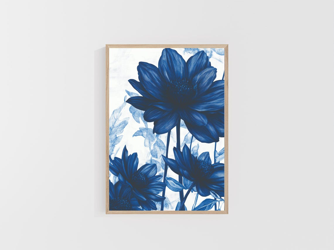 Large Cobalt Blue Flower Bloom Pair Botanical Watercolor Art Poster - Image 4