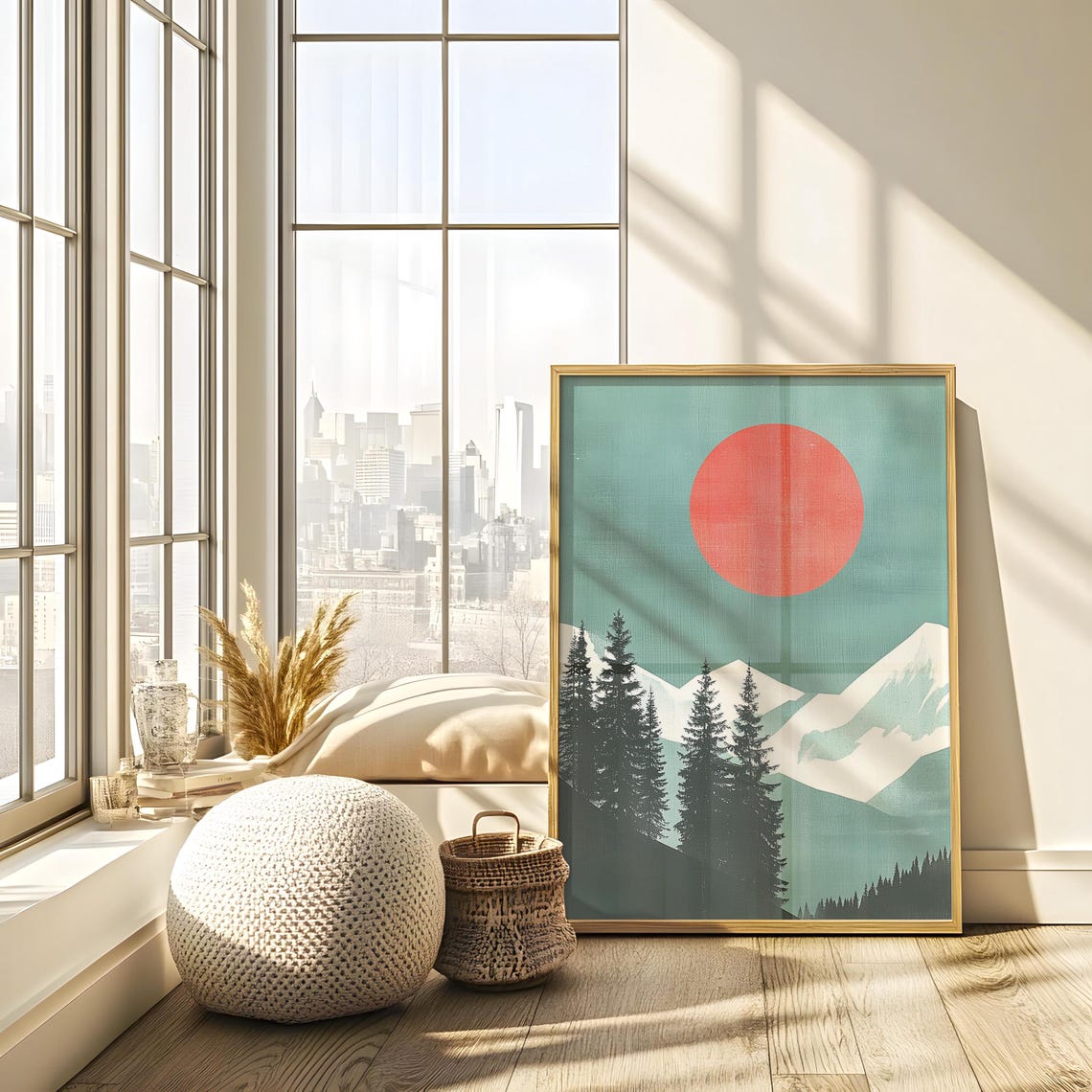 Abstract Mountain Landscape Red Sun Teal Sky Snow Peaks Poster - Image 2