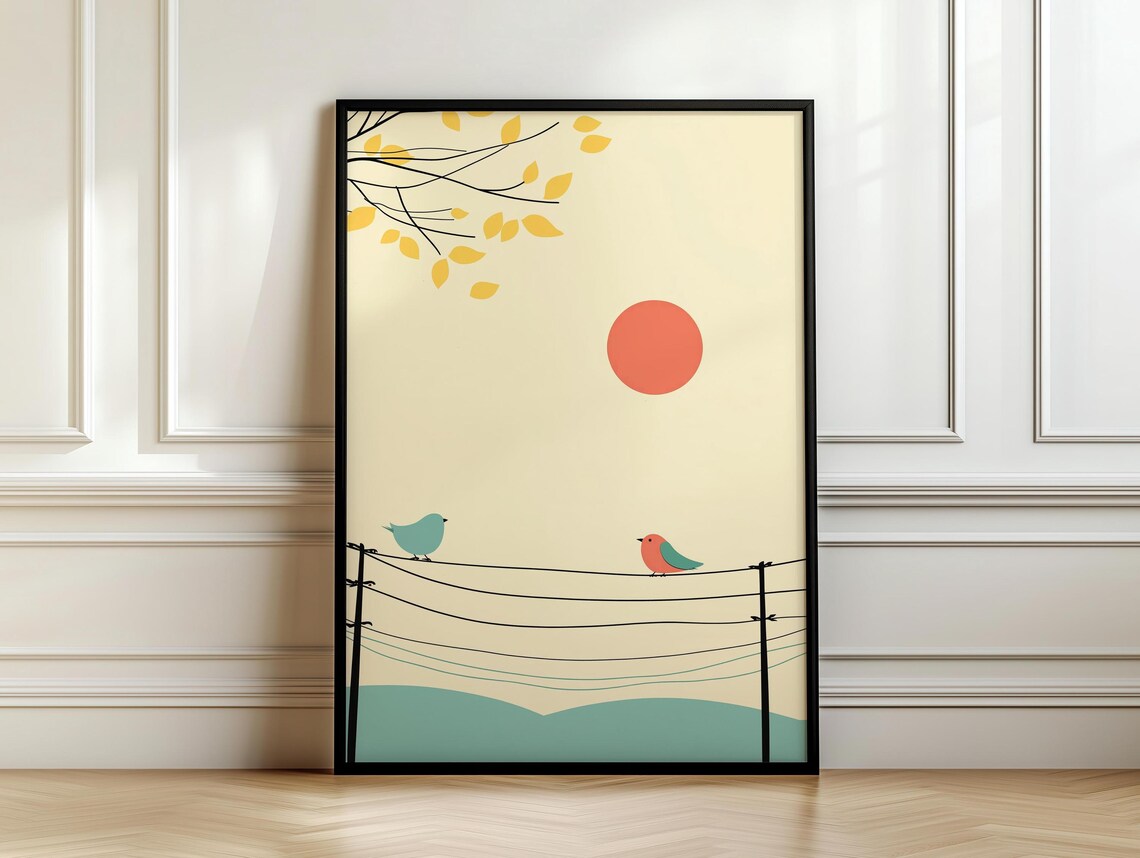 Two Songbirds On Telephone Wires At Sunset Minimal Art Poster - Image 7