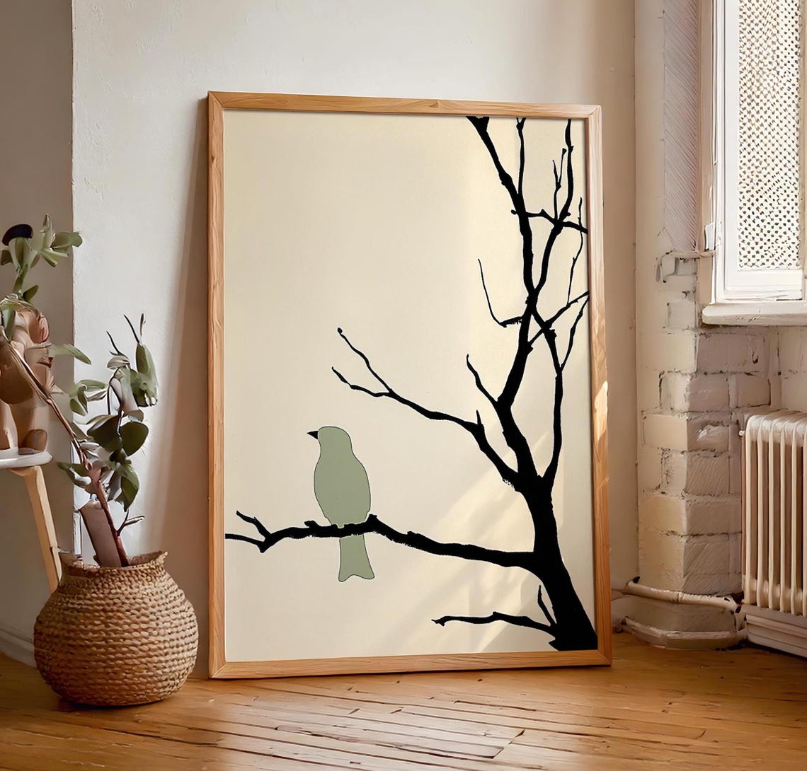 Sage Green Bird Perched On Black Branch Cream Japandi Style Poster