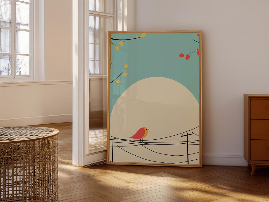 Red And Yellow Bird On Wire Large Sun Teal Minimalist Poster - Image 6