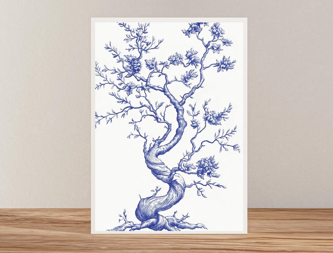 Blue Ink Twisted Blossom Tree with Roots Botanical Line Poster