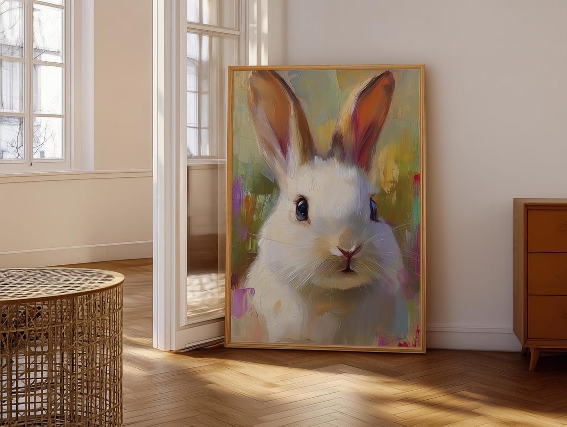 White Rabbit Portrait on Pastel Abstract Background Bunny Poster - Image 6