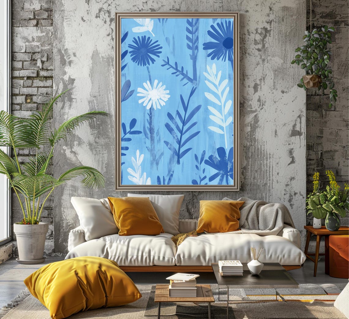 Sky Blue Daisy Meadow Abstract Botanical Silhouette Art Poster - Image 6
