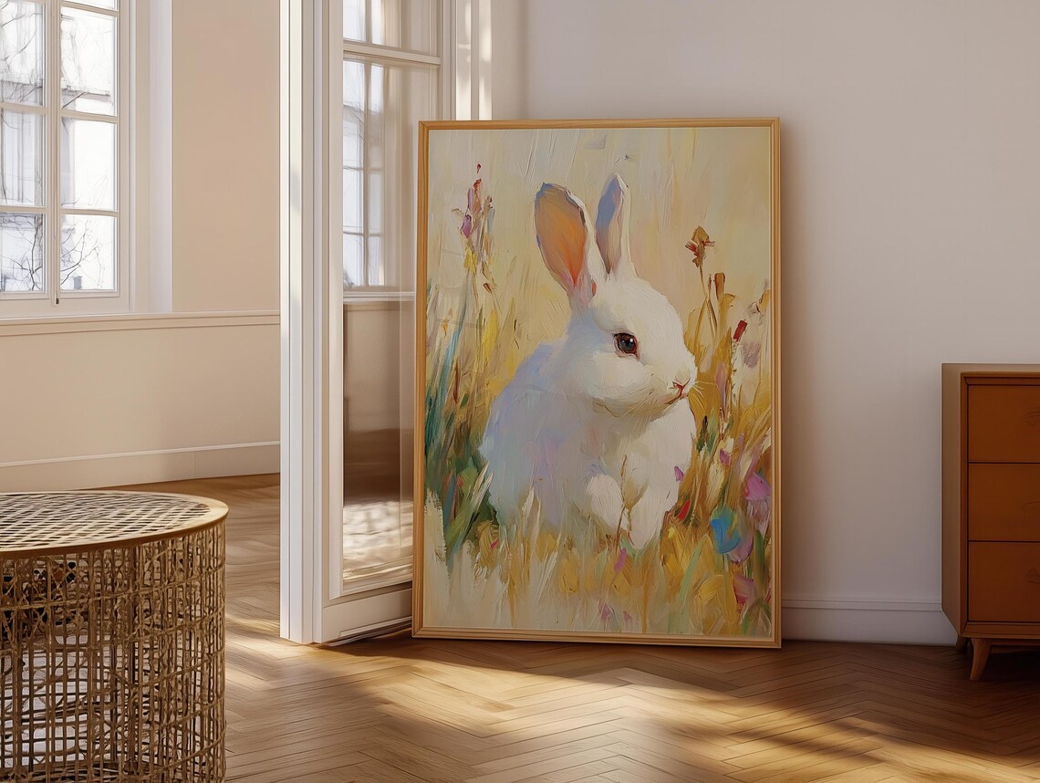 White Rabbit In Golden Meadow Soft Pastel Oil Painting Style Bunny Artwork Poster - Image 6