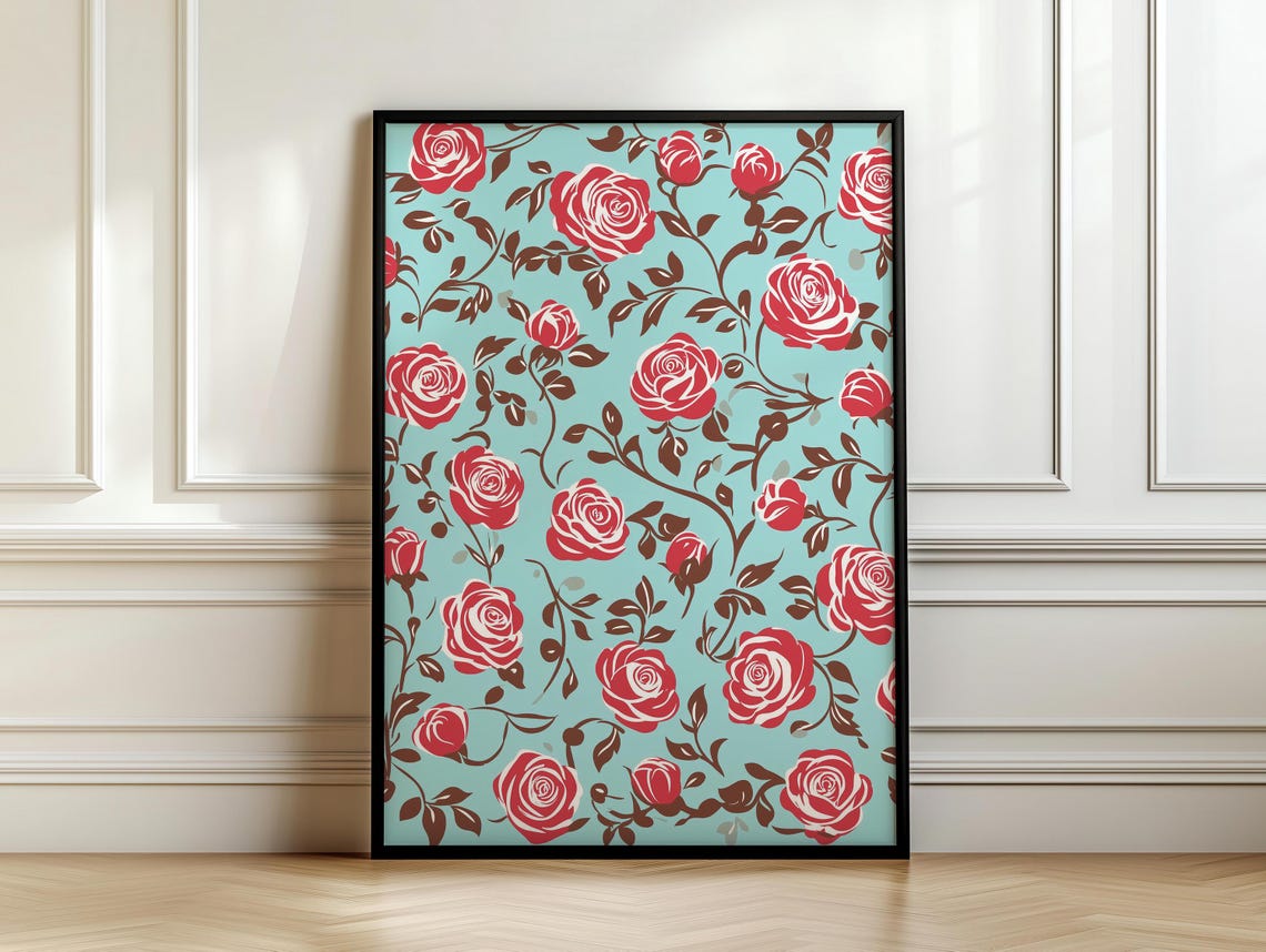 Chinoiserie Teal Background Crimson Rose Vine Pattern Poster - Image 7