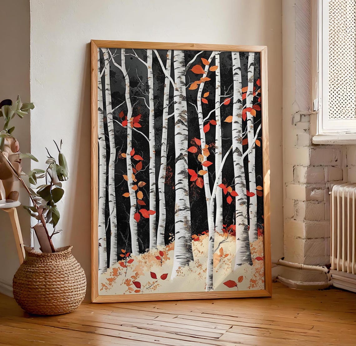 Birch Tree Forest At Night Black Background Red Leaves Poster