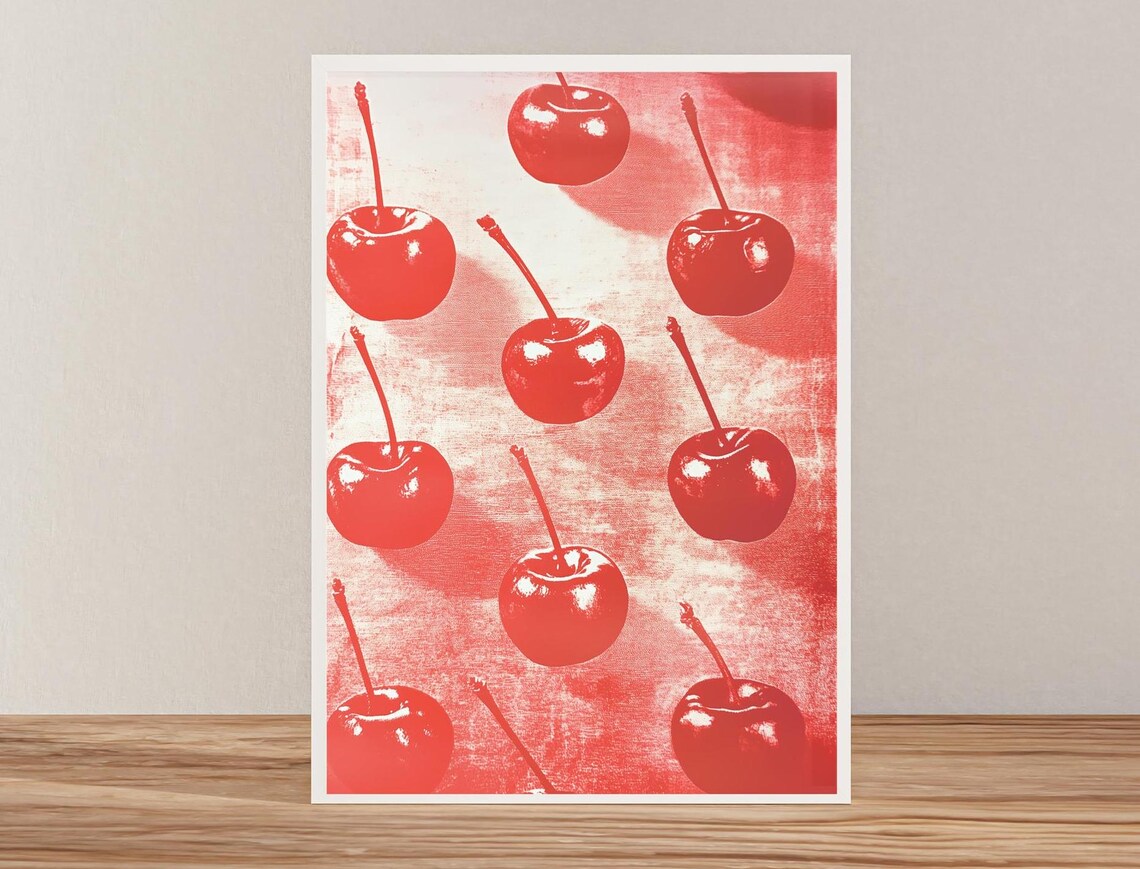 Cherry Print Rows Of Red Cherries On Red Artwork Bright Red Artwork For The Kitchen Colorful Art