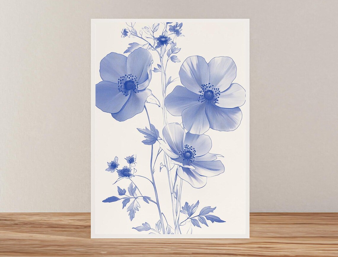 Blue Anemone Blossoms Watercolor Trio Botanical Floral Art Poster