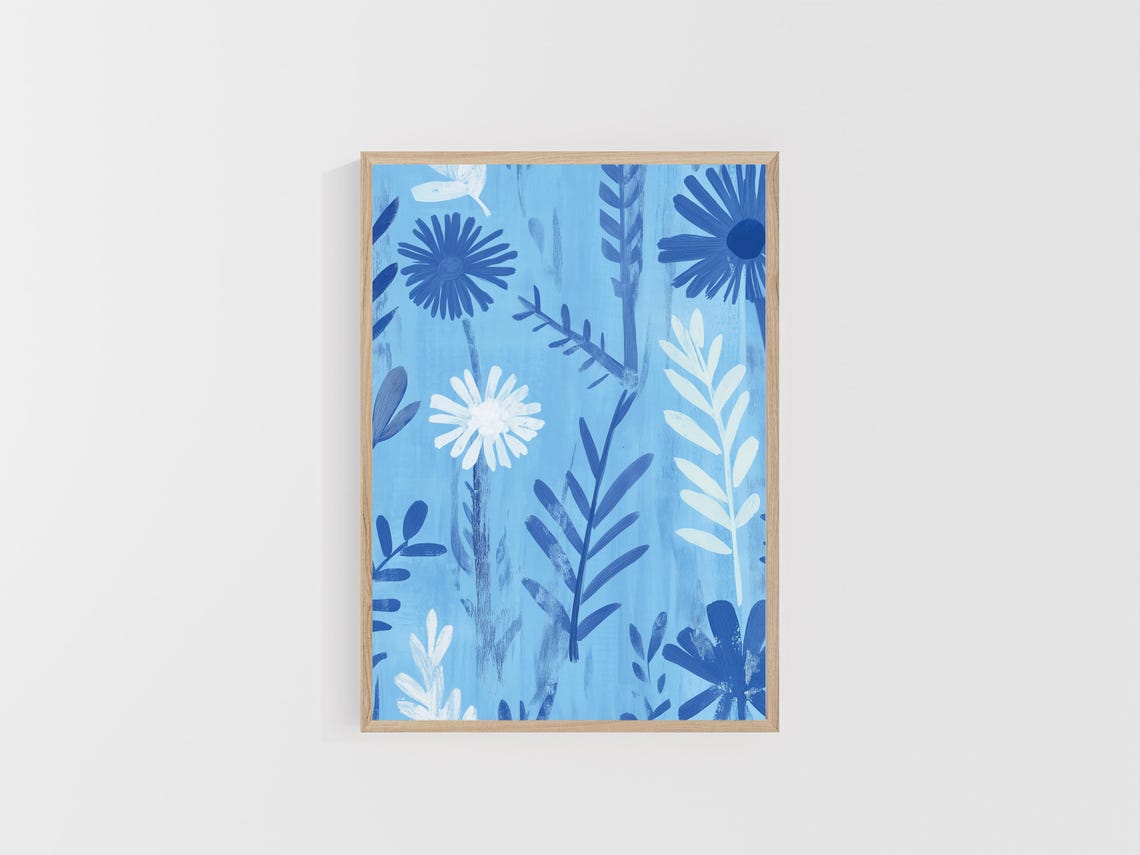 Sky Blue Daisy Meadow Abstract Botanical Silhouette Art Poster - Image 4