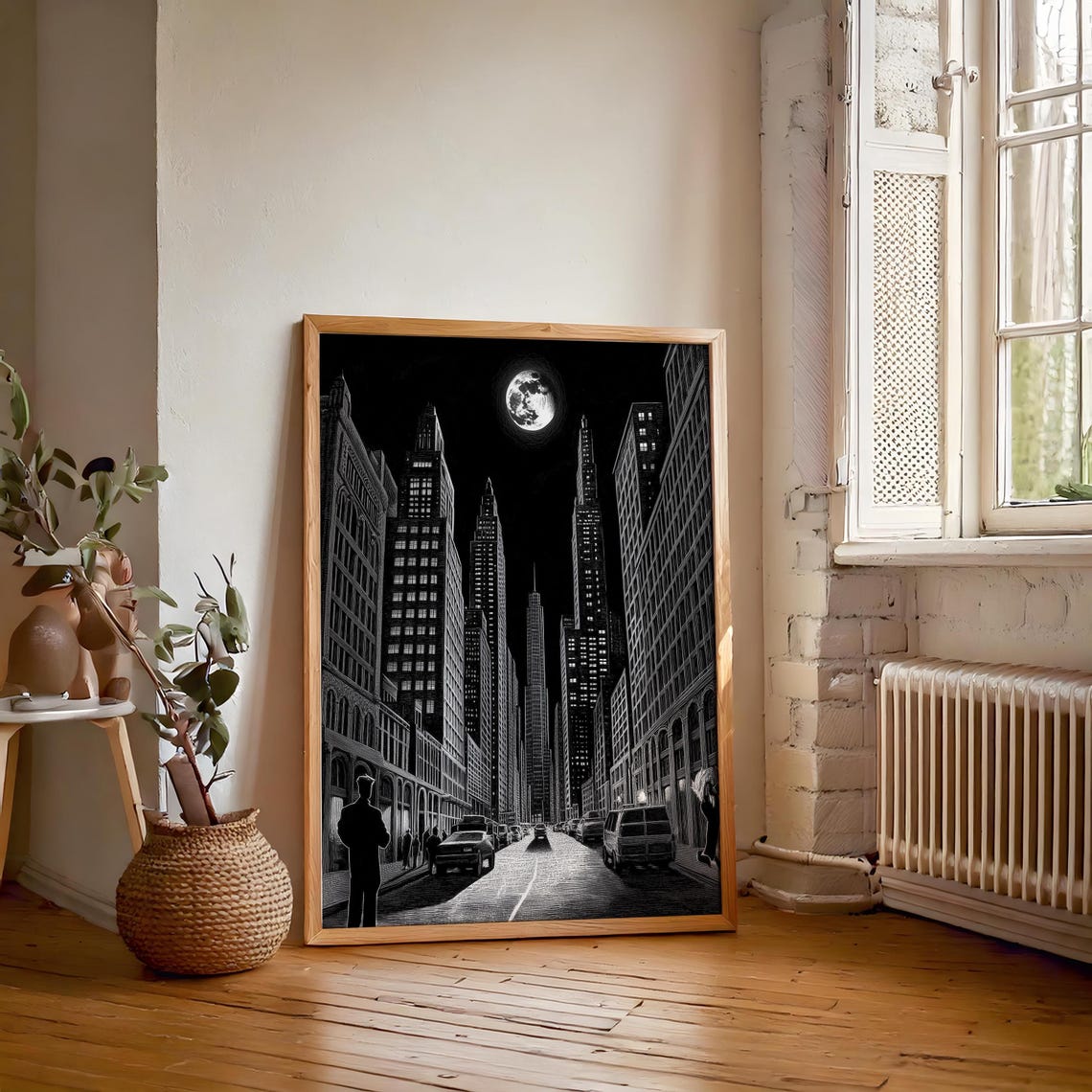 Dark Skyscraper Street Under Full Moon Detailed Sketch Poster - Image 7