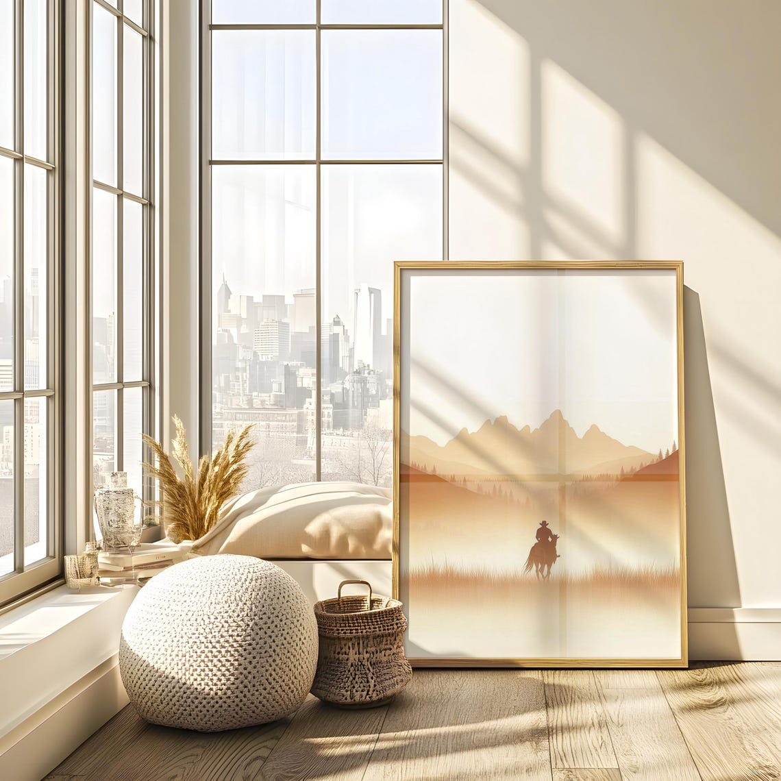 Lone Cowboy Riding Through a Misty Golden Mountain Valley Poster - Image 2