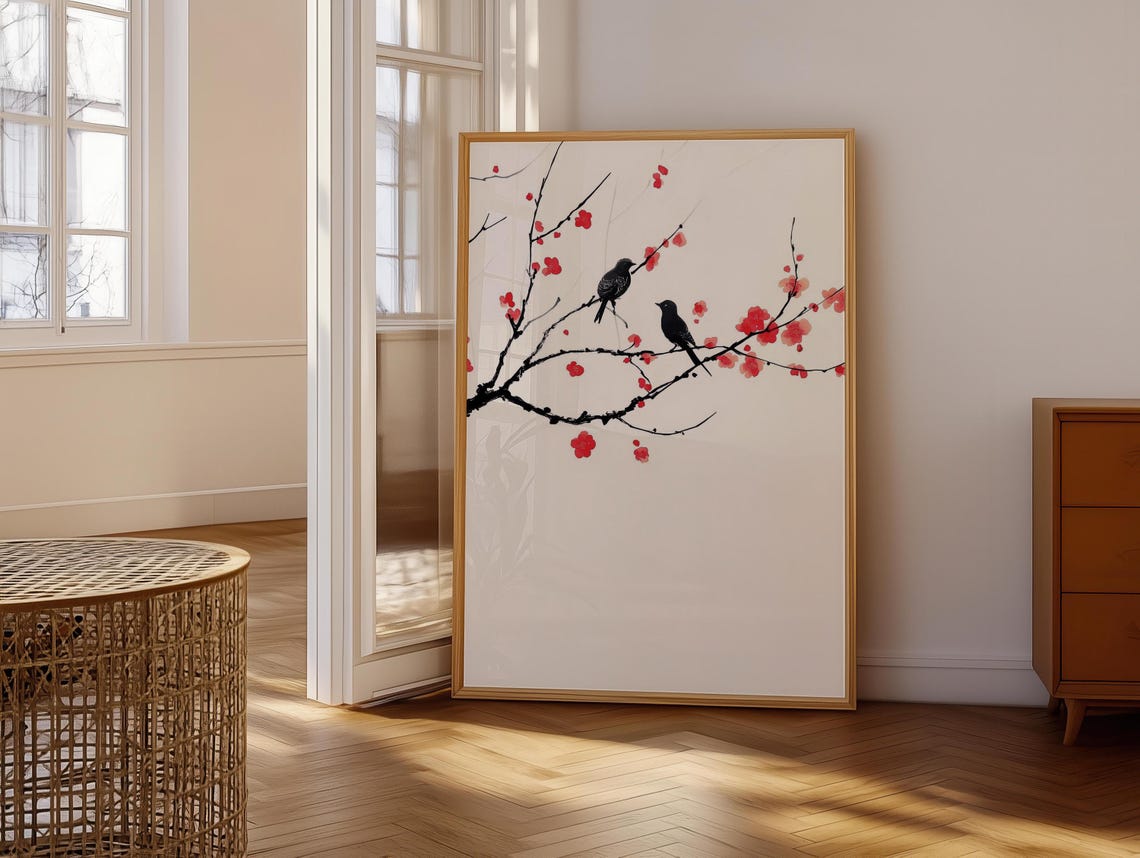 Pair Of Black Birds Ink Art On Sparse Red Blossom Branches Poster - Image 6