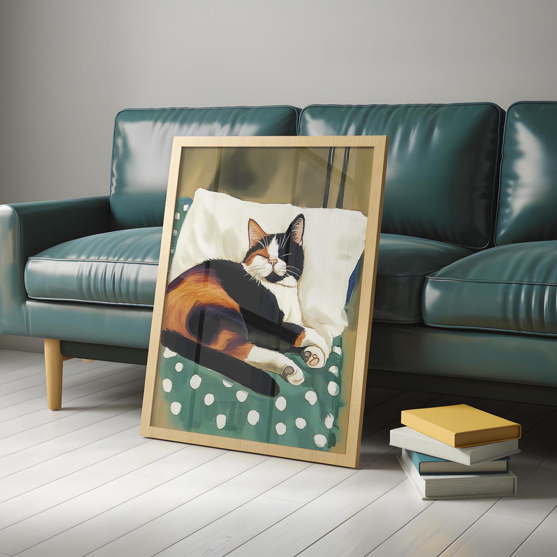 Calico Cat Napping on Polka Dot Quilt White Pillow Cozy Poster - Image 4