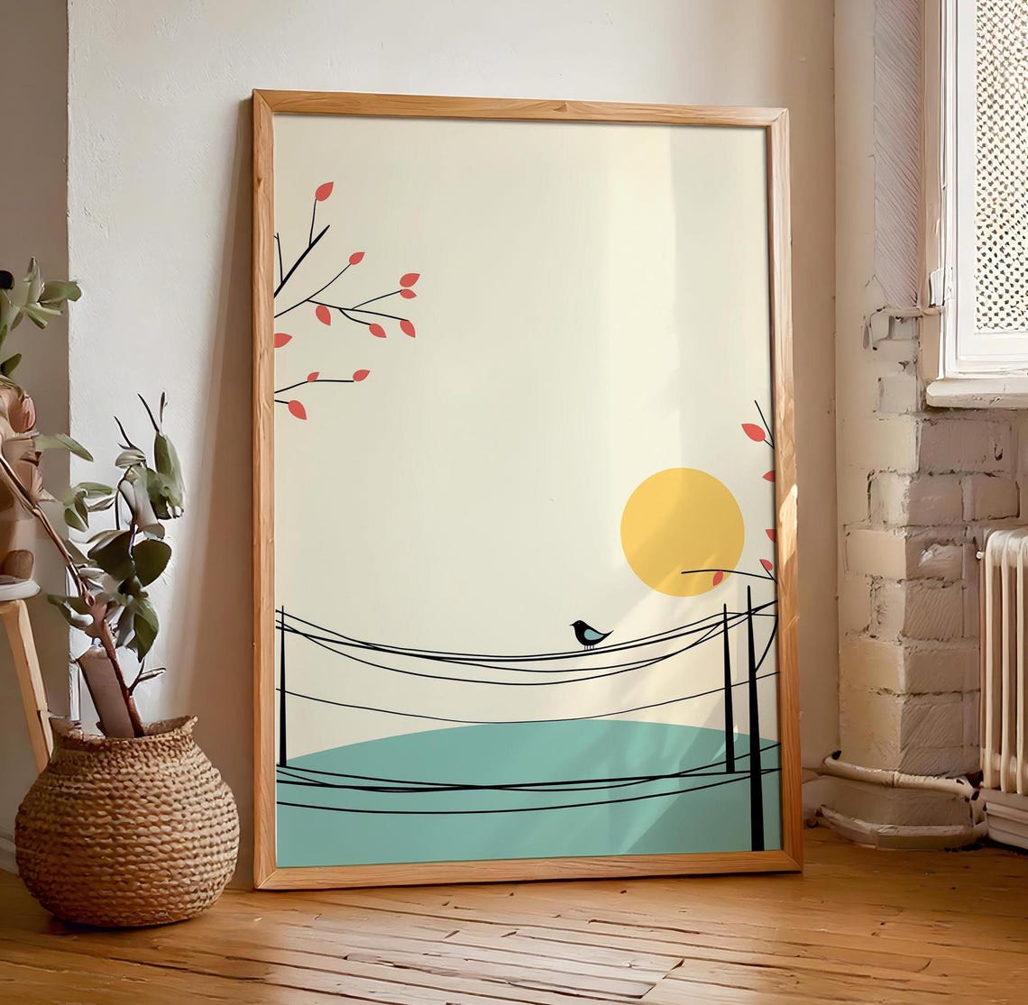 Minimalist Black Bird On Wire Golden Sun Cream Minimal Art Poster