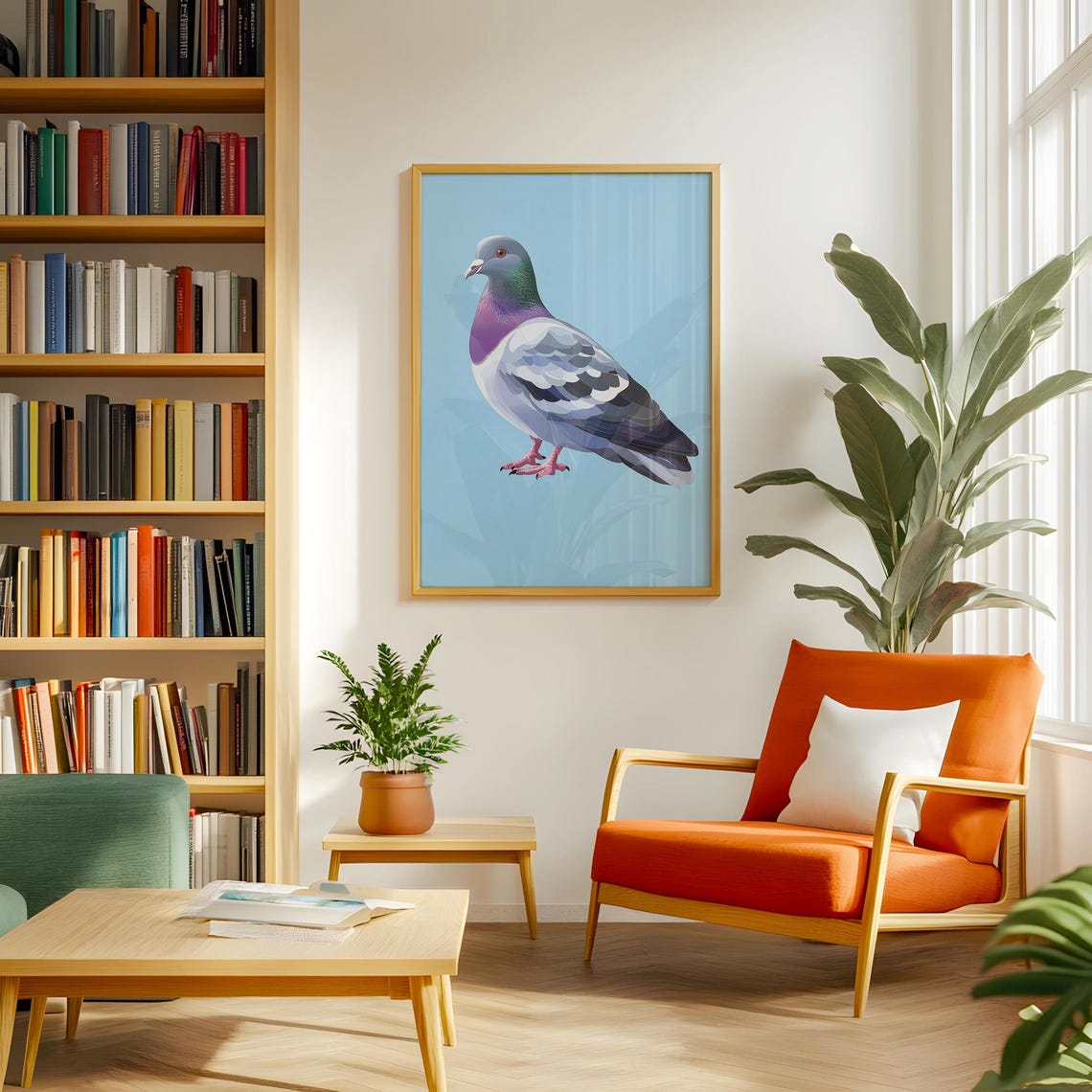 Playful Pop Art Pigeon Illustration on a Bright Baby Blue Poster - Image 3