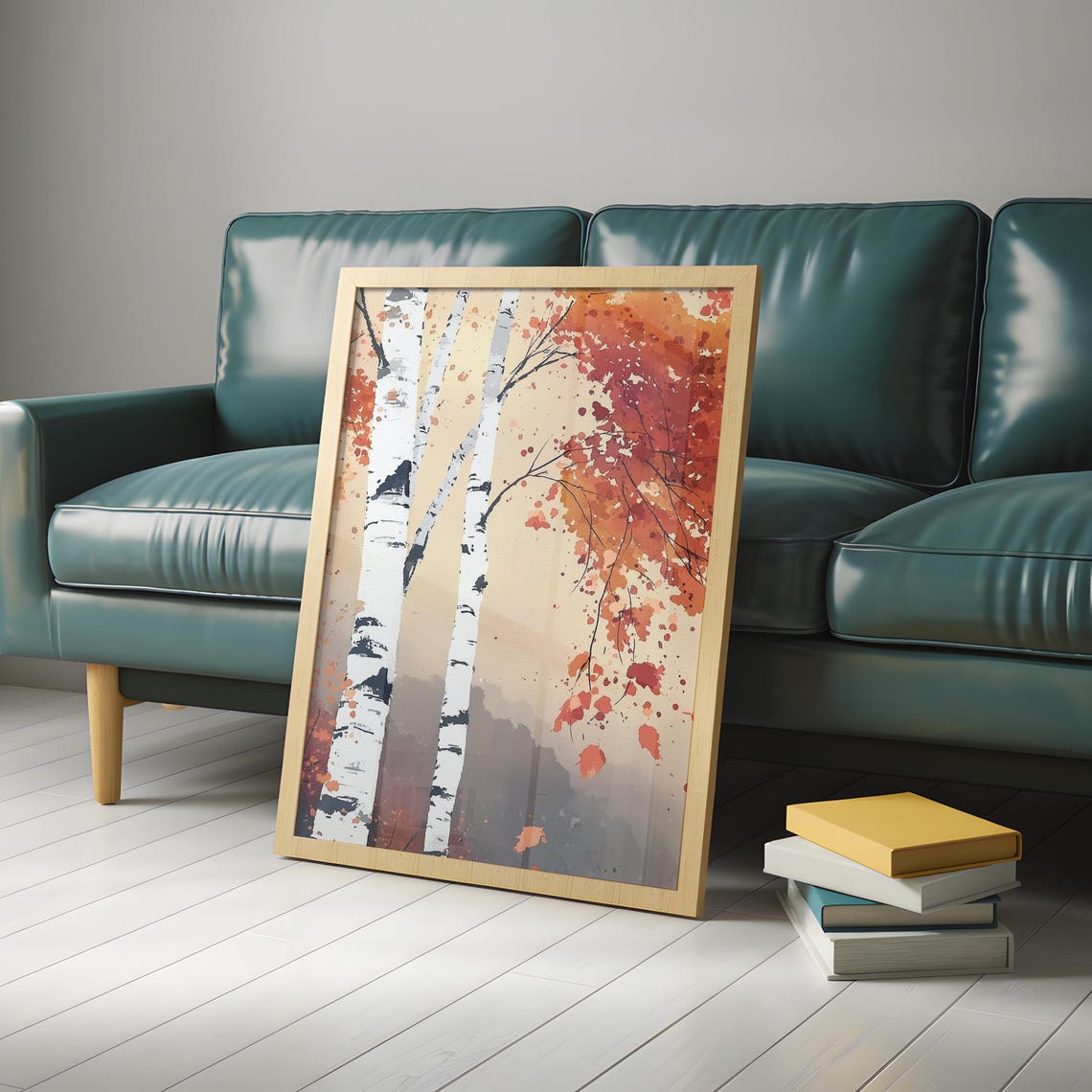 Two White Birch Trunks With Crimson Autumn Foliage Cream Poster - Image 4