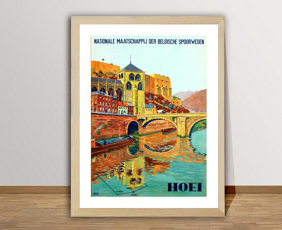 Hoei Belgium Meuse River Bridge Church Vintage Railway Travel Poster