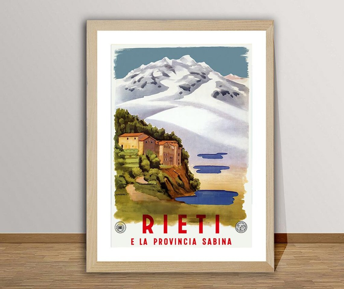 Rieti Sabina Italy Vintage Travel Poster Snow Mountain Village Art
