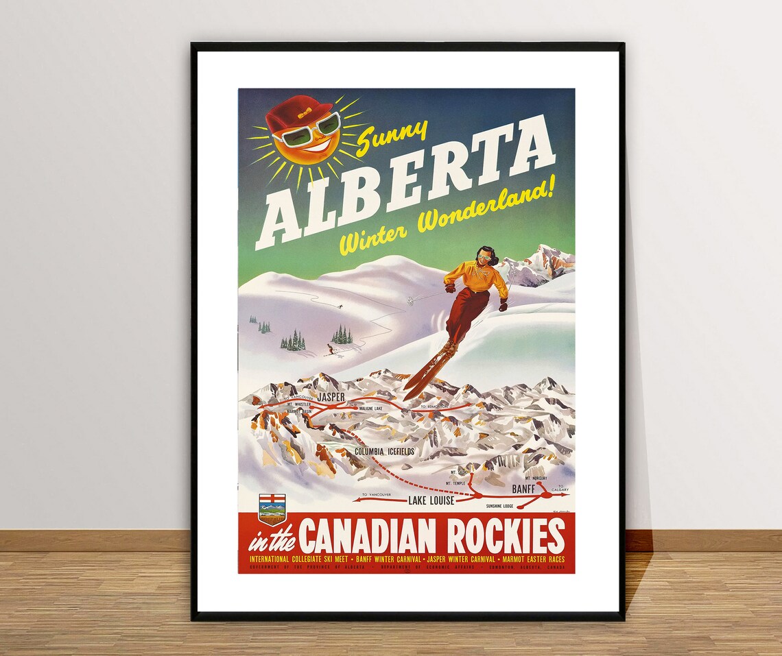 Sunny Alberta Winter Wonderland Canadian Rockies Vintage Ski Poster - Image 2