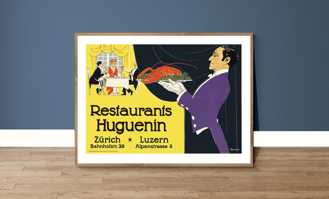 Restaurants Huguenin Zurich Luzern Vintage Swiss Restaurant Poster