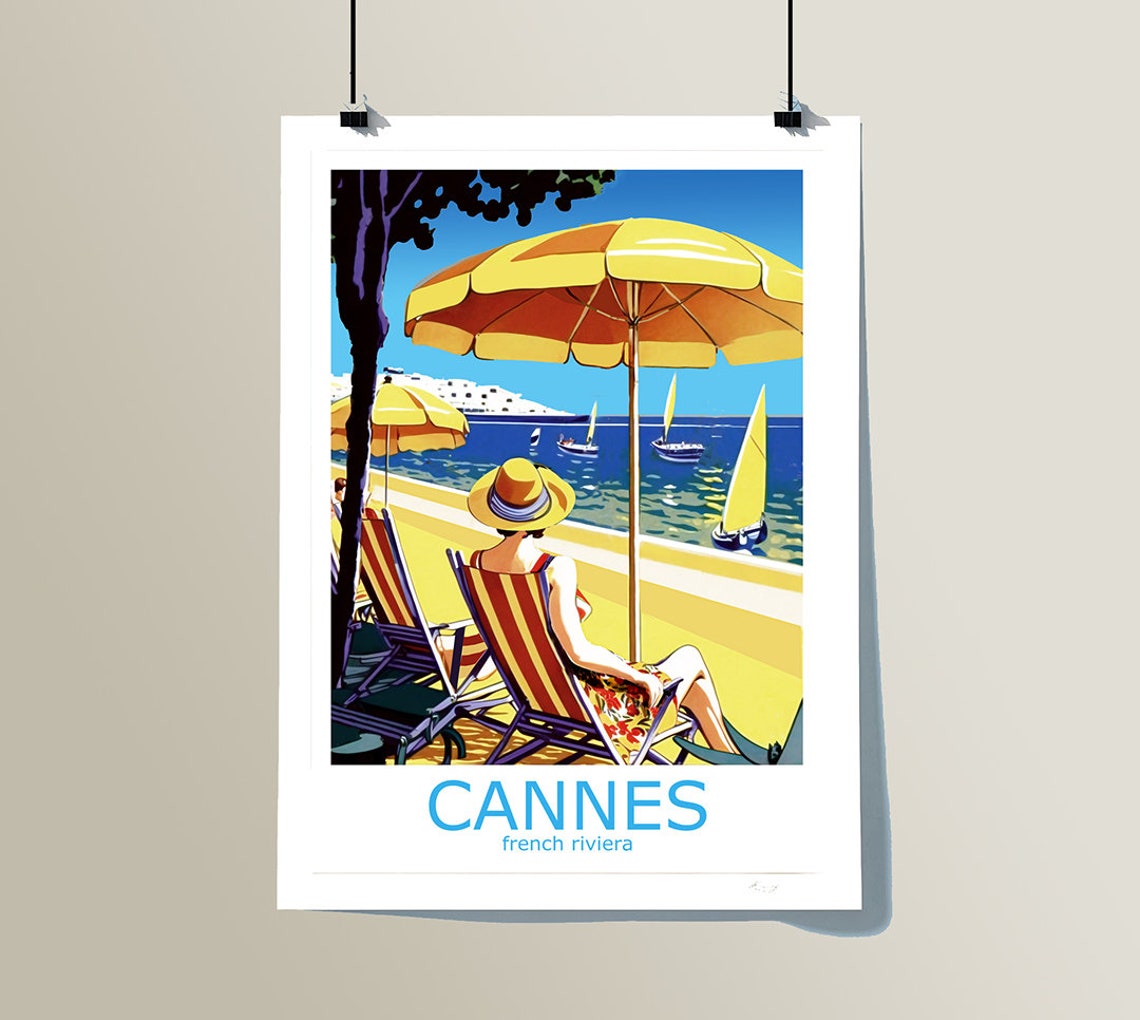 Cannes French Riviera Deck Chair Umbrella Vintage Beach Travel Poster - Image 2