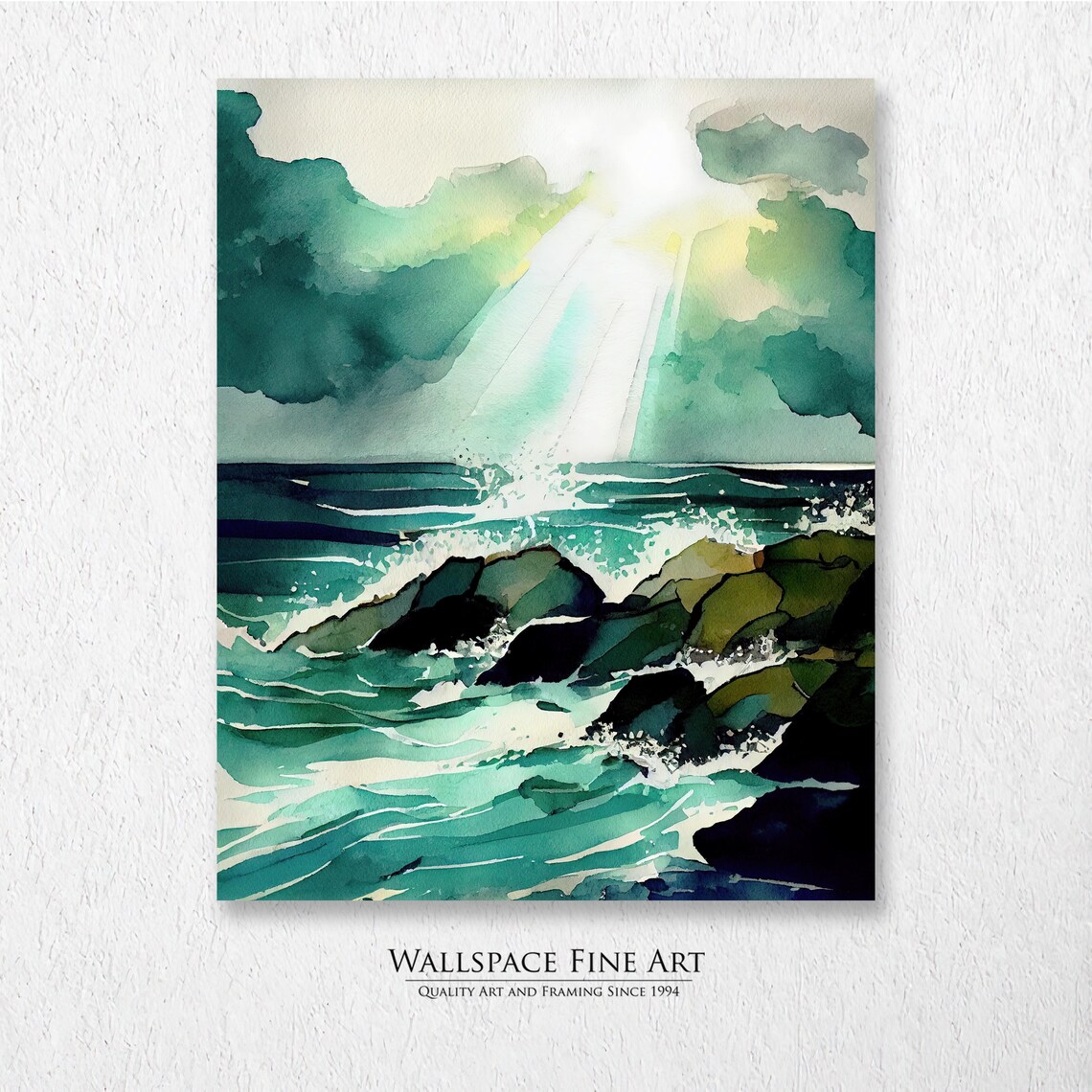 Sunbeams Through Clouds Rocky Shore Watercolor Ocean Waves Seascape Art Poster