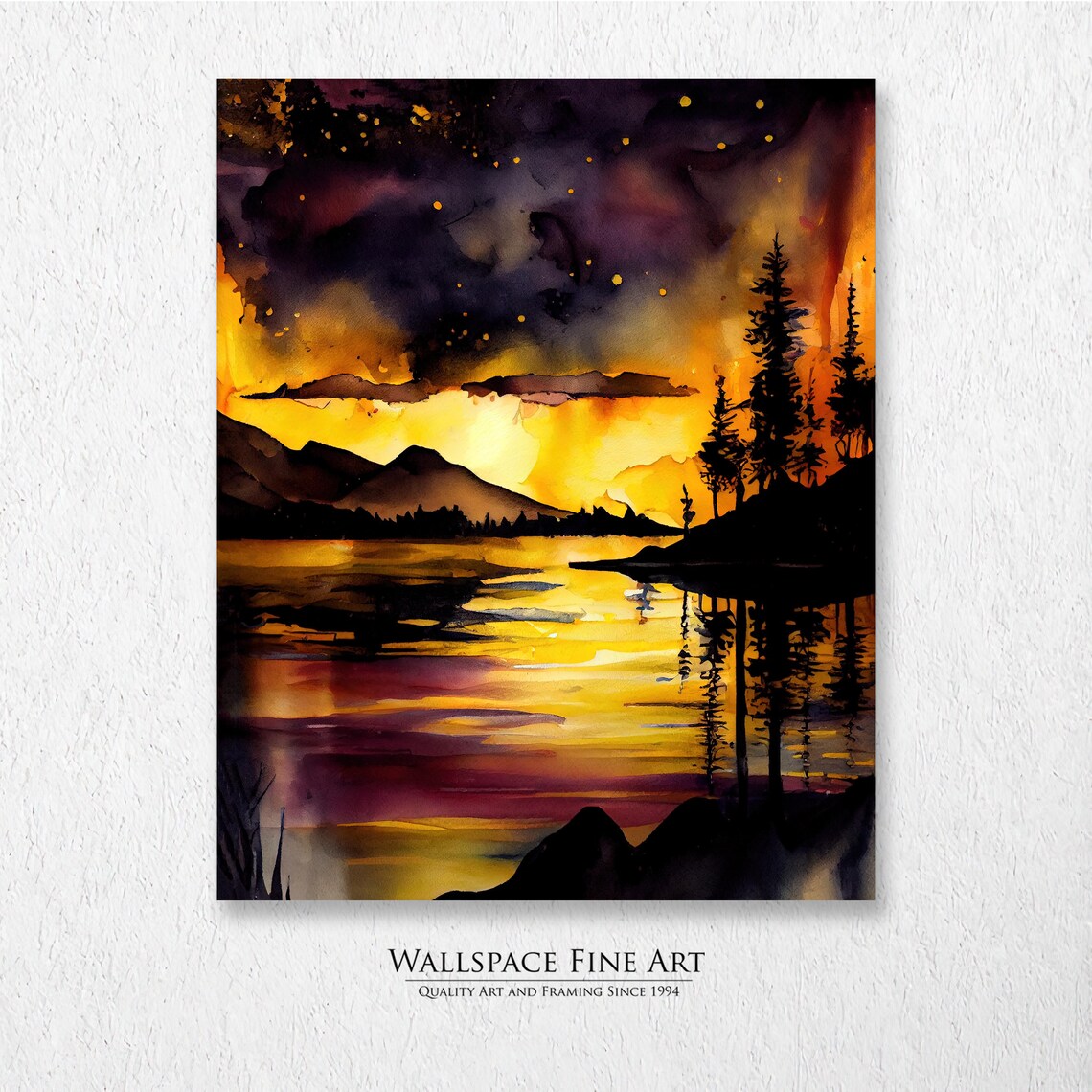 Misty Lake Sunset Golden Reflections Watercolor Landscape Print