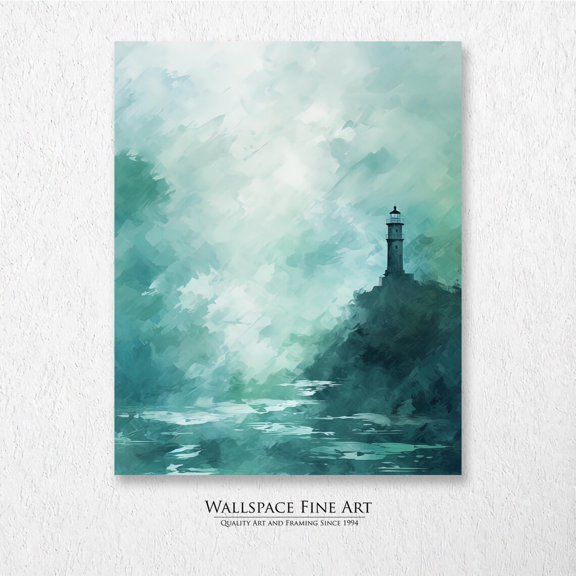 Foggy Lighthouse Teal Watercolor Ocean Coast Landscape Poster