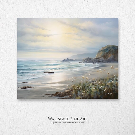 Rocky Coast Beach Wildflowers Morning Light Serene Seascape Wall Art