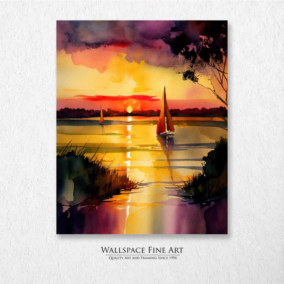 Sailboats On The Lake Sunset Watercolor Landscape Painting Wall Art Dcor Print Wallspace Fine 20139