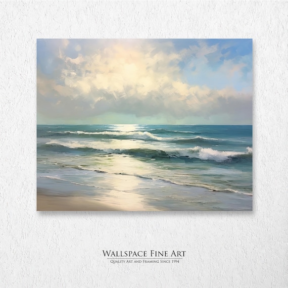 Calm Ocean Shoreline Sunlight Reflections Waves Oil Painting Poster