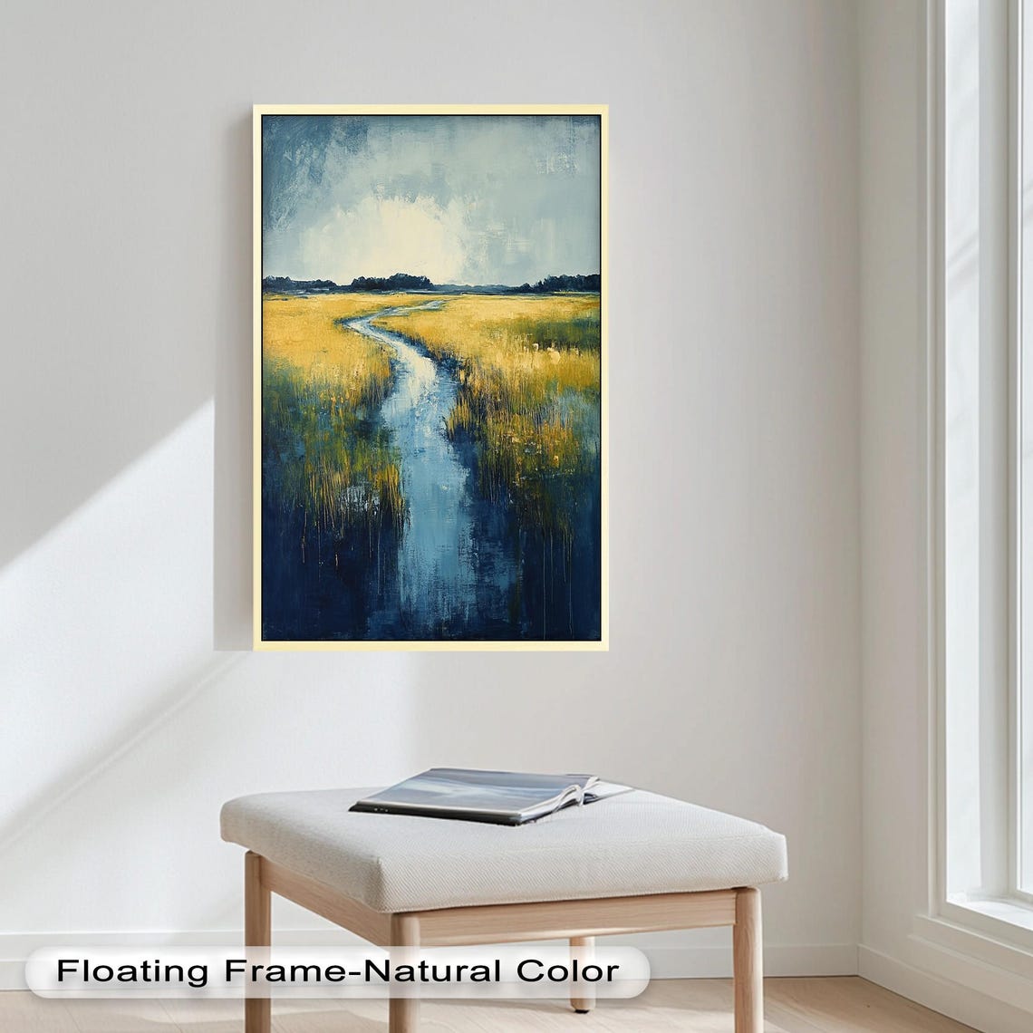 Golden Field, Serene River Landscape Art Print - Image 2