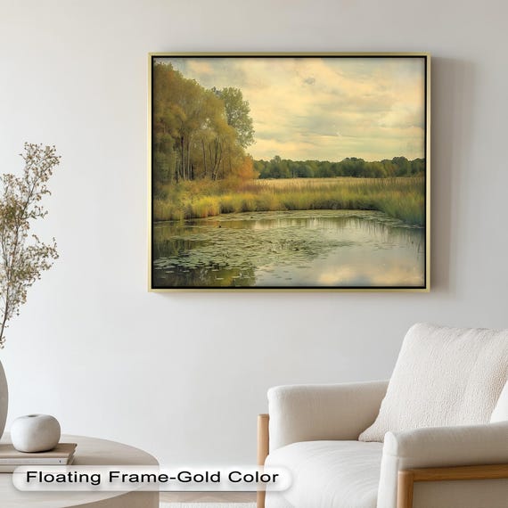 Peaceful River Oil Painting, Rustic Minimalist Decor