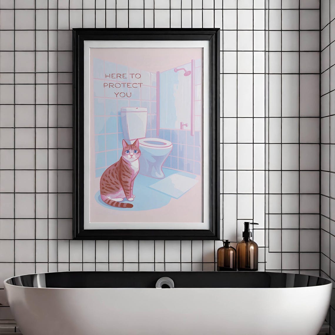 Here To Protect You Funny Cat Pink Bathroom Quote Trendy Wall Poster - Image 4