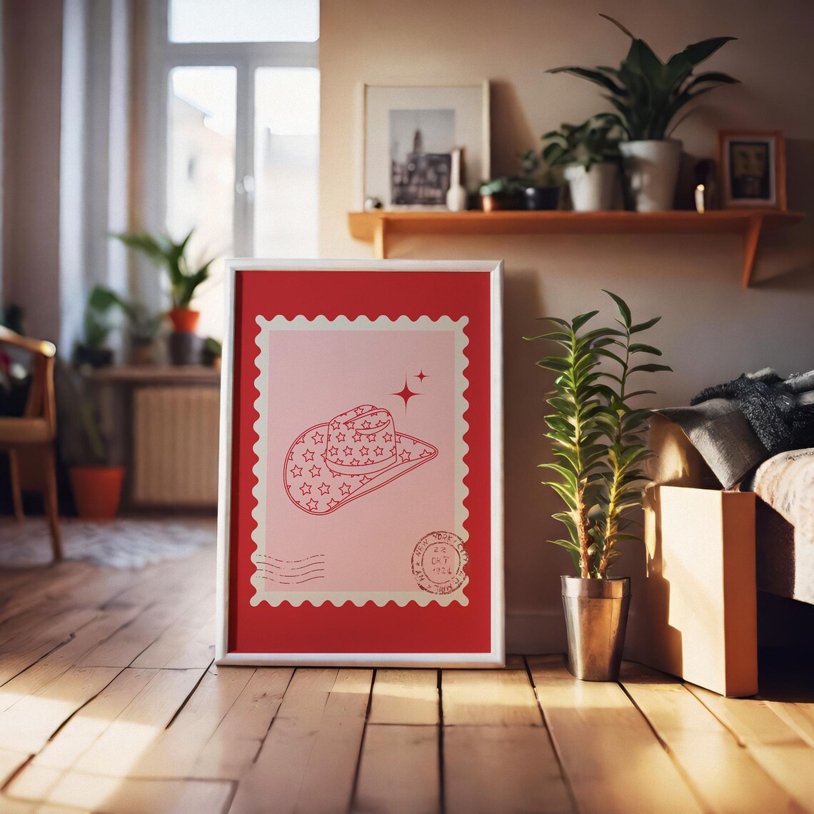 Pink Cowgirl Hat Stars Postage Stamp Trendy Western Wall Art Poster - Image 4