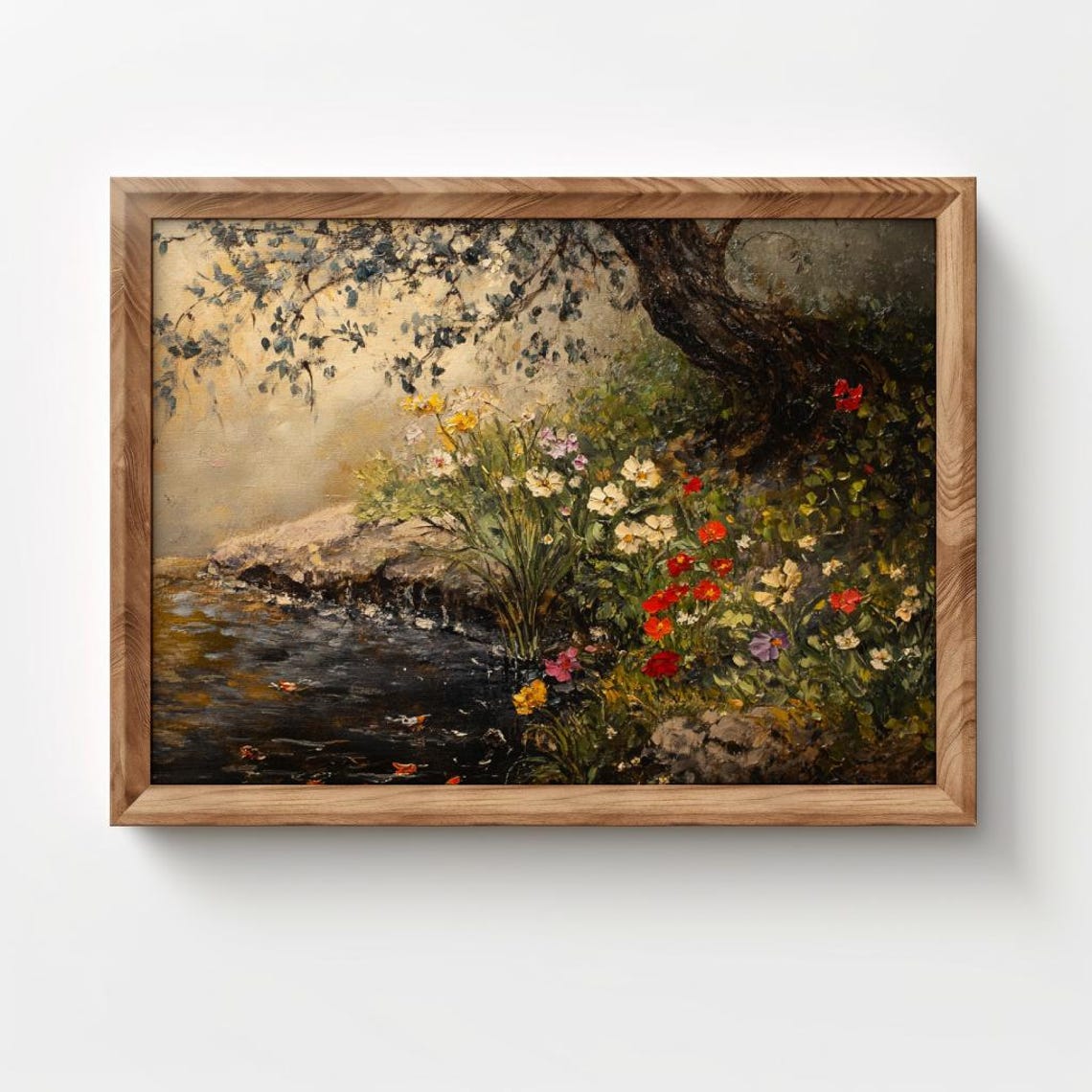 Vintage Wildflowers By A Stream Under Old Tree Oil Painting Poster - Image 2