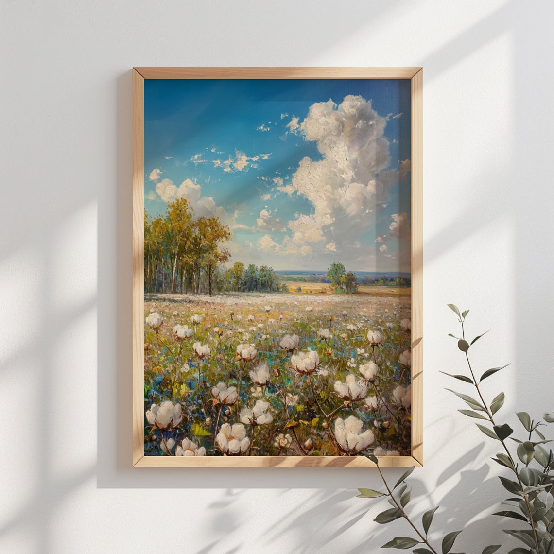 Cotton Field Under Towering Clouds Blue Sky Farm Landscape Art Poster - Image 2