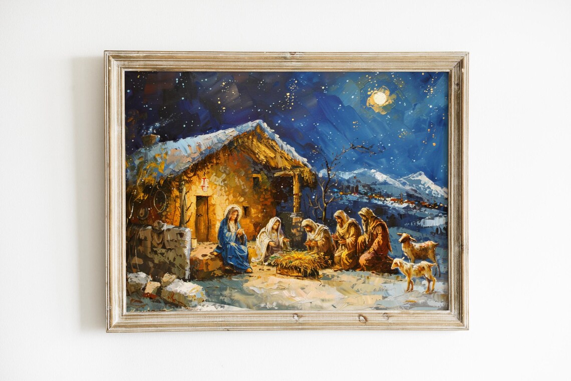 Nativity Scene Under Starry Night Sky Bethlehem Stable Christmas Poster