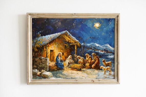 Nativity Scene Under Starry Night Sky Bethlehem Stable Christmas Poster