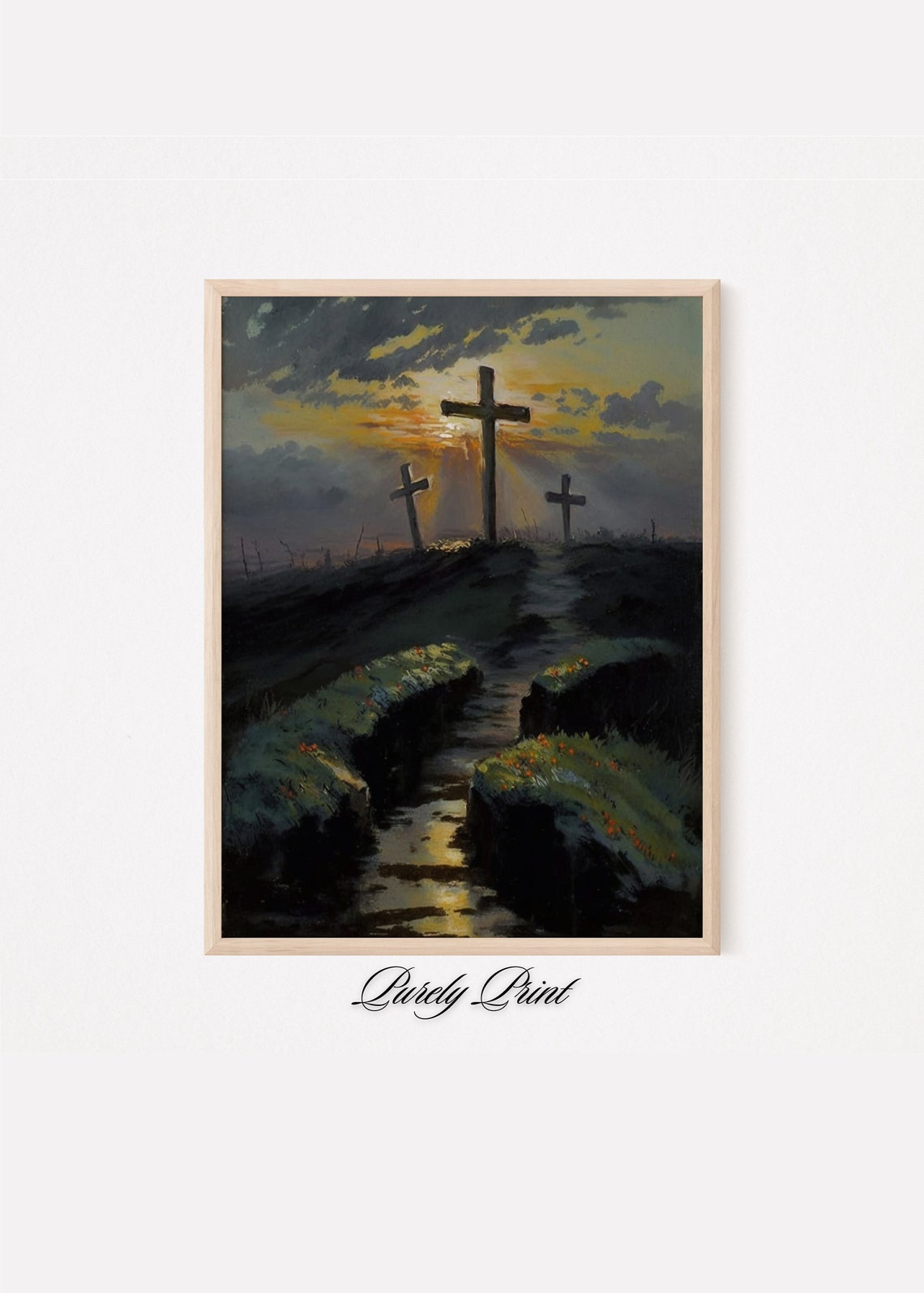 Three Crosses Hill Sunset Rocky Path Dramatic Easter Art Poster - Image 2