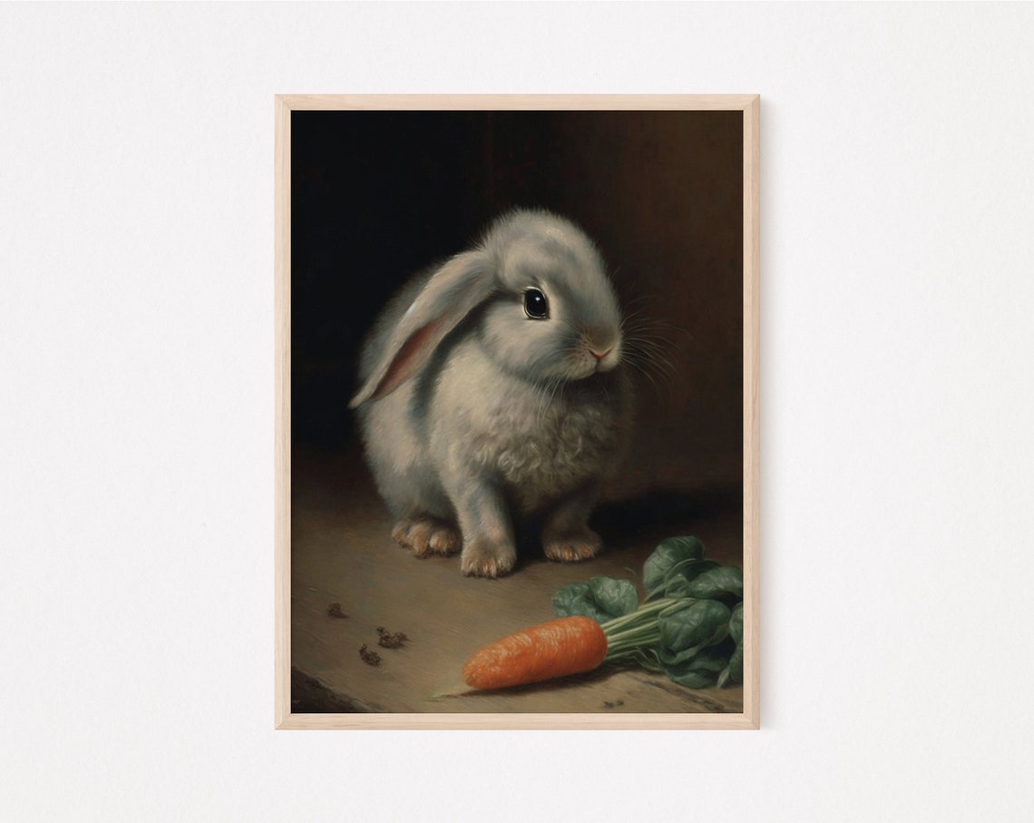 Cute Lop Eared Bunny Rabbit With Fresh Carrot Dark Background Poster - Image 2