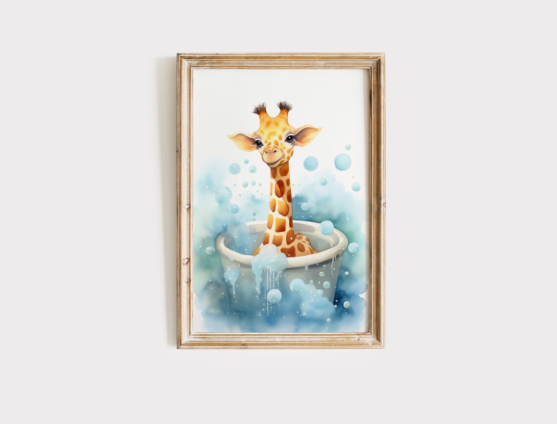 Baby Giraffe Bubble Bath Blue Watercolor Cute Kids Bathroom Nursery Art Poster - Image 2